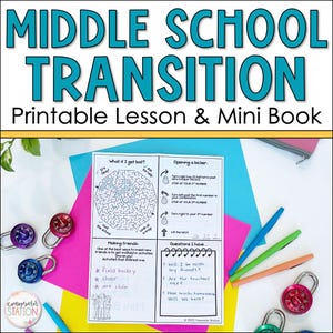 Può includere: Un colorato libro di lezioni e mini-libro stampabile intitolato "Middle School Transition". Il libro include un labirinto, istruzioni per aprire un armadietto e domande sulla scuola. Sono visibili anche diverse penne colorate e lucchetti.