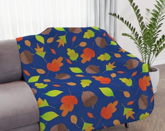 Fall Sherpa Blanket: Acorns & Autumn Leaves, Cozy Blue Throw