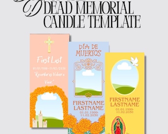 May include: A Day of the Dead memorial candle template with three designs. The designs include a cross, a frame with marigolds, and an image of the Virgin Mary. The text includes "Day of the Dead Memorial Candle Template."