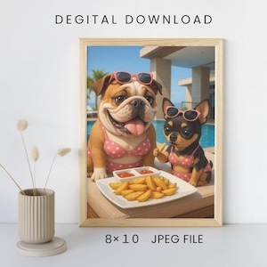 以下が含まれることがあります： サングラスとピンクのドット柄ビキニを着た2匹の犬が、プールサイドでフライドポテトとケチャップを楽しんでいるフレーム付きデジタルプリント。 プリントには「デジタルダウンロード」と記載されており、サイズは20 x 25 cmです。 JPEGファイル。