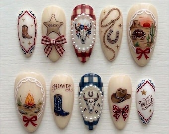 Cowboy Press On Nails, Wild West Plaid, Cactus, Hat, Boot Art