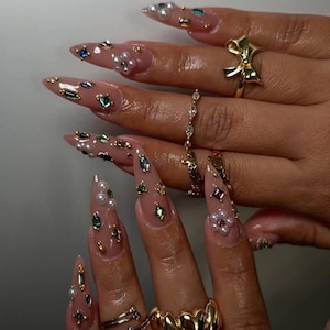 Handmade Stiletto Press On Nails with Gems, Pearls, Glam Rhinestone Art Set