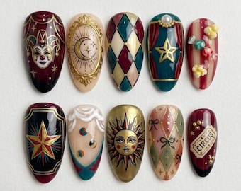 Vintage Circus Press On Nails | Harlequin Jester Sun Moon Carnival Design