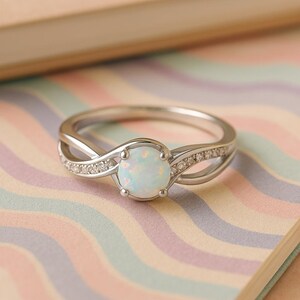 White CZ Lab Opal Solitaire Sterling Silver Ring