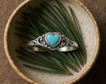 Turquoise Heart Ring: 925 Sterling Silver Band, Comfort Fit