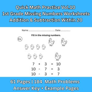 Può includere: Un foglio di lavoro bianco con problemi di matematica per studenti di 1a elementare. Il foglio di lavoro include problemi di addizione e sottrazione con numeri mancanti, insieme a illustrazioni di pulcini e galline. Il testo recita "Quick Math Practice Vol.10".