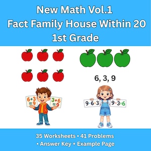 Può includere: Grafica educativa con il testo "New Math Vol.1 Fact Family House Within 20 1st Grade." Presenta mele rosse, mele verdi e bambini che tengono equazioni matematiche. Include "35 Worksheets • 41 Problems • Answer Key + Example Page."