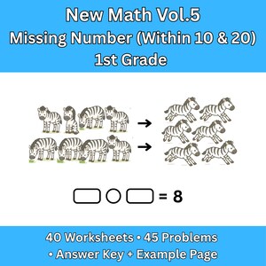 Op de afbeelding: Educatief werkblad voor wiskunde voor de 1e klas met zebra's. De afbeelding bevat de tekst "New Math Vol.5 Missing Number (Within 10 & 20) 1st Grade". Het werkblad heeft een ontbrekend getalprobleem met het antwoord 8.