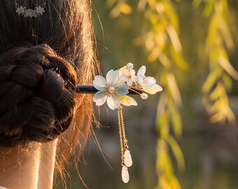 Blue Glass Flower Hairclip, Hair Stick, Wood Hairpin Hanfu Hair Accessory, Gifts for Cosplay, Mom, Teacher, Sister, Thank You
