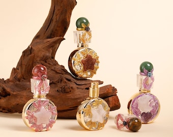 Natural Crystal Perfume Bottle 25ml, Empty Glass Essential Oil Dispenser, Handmade Decorative Vanity Decanter, Ornate Gold Refillable Bottle