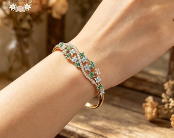 Enamel Cuff Bracelet, Floral Open Bangle, Gold Plated Copper Bracelet, Blue Green Flower Jewelry, Boho Cuff for Women