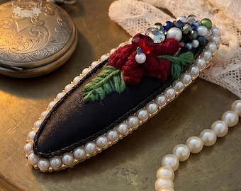 Handmade Embroidered Beaded Flower Barrette, Dark Coquette Aesthetic Hair Clip, Vintage Cottagecore Accessory
