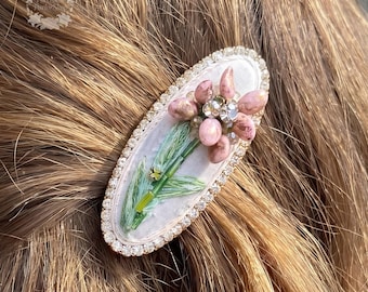 Bohemian Fabric Flower Hair Clip, Hand Sewn Floral Barrette, Boho Festival Hair Accessory, Unique Gift for Women and Girls