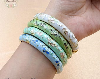 Enamel Bangle Vintage Cloisonne Floral Bracelet Set 6mm/ 10mm, Asian Inspired Gift, Retro Qipao Kimono Jewelry, Birthday Gift for Her