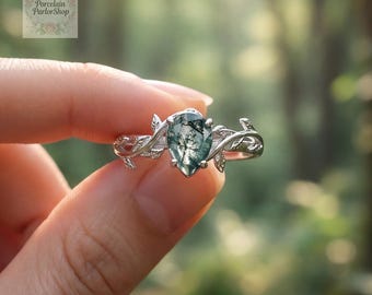 Silver Ring + Box, Moss Agate Leaf & Vine Natural Style Ring, Minimalist Dainty Jewelry Gift for Her, Birthday Gifts for Mom, Sister