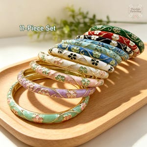 6mm/ 10mm Floral Bangle Set, Vintage Enamel Bangle Bracelet Gift for Women, Bridesmaid Gifts, Wedding Favors