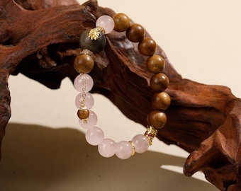 Rose Quartz & Wood Bracelet, 10/11mm Pink Crystal, Earthy Boho Jewelry, Heart Chakra Healing Stone, Handmade Love Gift, Grounding Gemstone