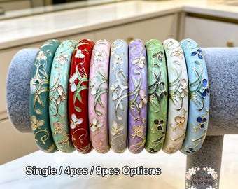Cloisonne Style Enamel Bangle, 10mm Floral Bracelet, Stackable Qipao Kimono Jewelry, Single or Set