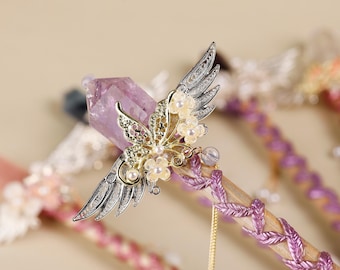 Natural Crystal Scepter,  Fairy Wings Scepter, Crystal Quartz Magic Scepter, Witch Wand, Wizard Staff, Crystal Personalized Gifts