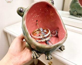 Handmade Ceramic Frog Jewelry Storage Personalized Laser Engraved Name, Trinket Bowl Ring Holder, Cottagecore Room Decor, Gift for Her