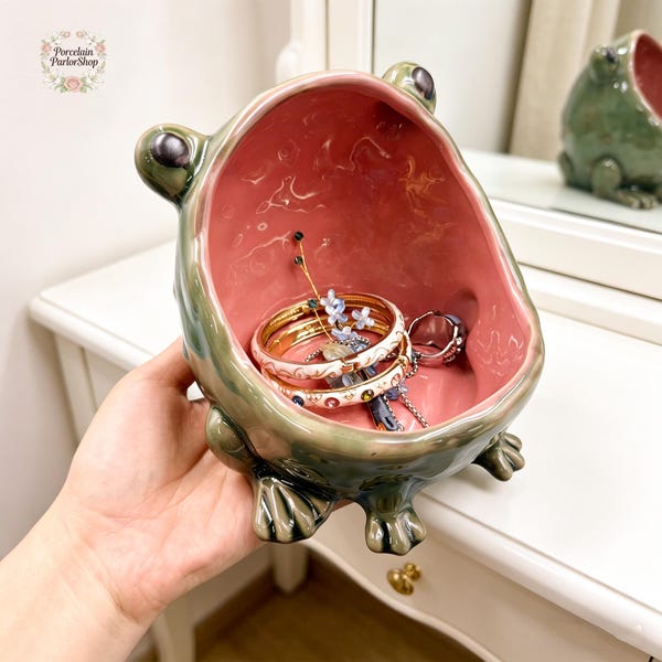 Handmade Ceramic Frog Jewelry Storage Personalized Laser Engraved Name, Trinket Bowl Ring Holder, Cottagecore Room Decor, Gift for Her