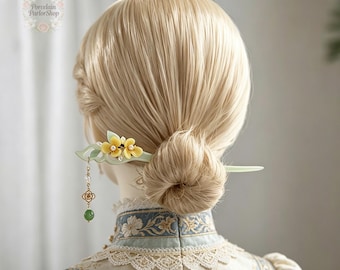 Handmade Green Floral Tassel Hair Stick, Vintage Faux Jade Hair Accessory Hair Pin For Cheongsam Kimono, Gift For Her Bridesmaid Women