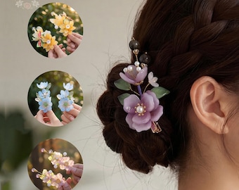Hair Clips Set of 2 - Pink, Yellow, Blue, Purple, Handmade Metal Faux Glass Flower Hair Accessories for Hanfu, Qipao, Kimono, Gift for Her