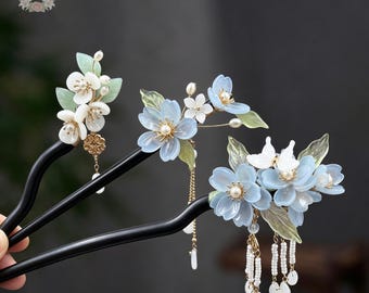 Vintage Hair Stick, Blue Glass Floral Hairpin, Cheongsam & Ancient Style Costume Handmade Wooden Hair Accessory, Birthday Gift for Mom/ Her