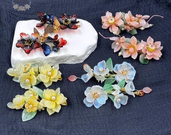 Floral Hair Clips, Faux Glass Butterfly Hair Accessories, Cute Bridal Hair Accessories, Hair Jewelry for Wedding Cheongsam Kimono Hanfu
