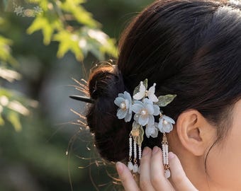 Vintage Wood Hairpin, Blue Hair Clip, Handmade Hair Stick Blue Glass Floral Hair Accessory, Cheongsam & Ancient Style Costume Accessory