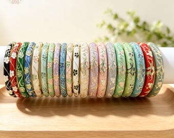 Vintage Cloisonne Enamel Bangle Bracelet, 6mm Floral Clover Gold Bangle, Optional Jewelry Storage Pouch, Bracelet Stack Gift for Women, Her