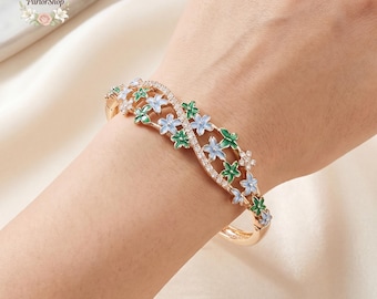 Vintage Style Floral Bangle, Boho Enamel Flower Bracelet, Gold Copper Open Cuff, Romantic Garden Jewelry for Women