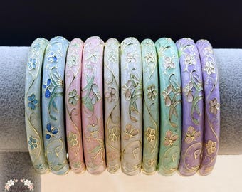 Cloisonne Bangle Bracelet, Vintage Style Enamel Floral Set, Asian Inspired Gift, Qipao Hanfu Kimono Jewelry