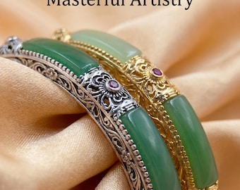 Jade Cuff Bracelet, Gold Plated Faux Jade Open Bangle, Silver Filigree Asian Jewelry, Synthetic Green Stone Vintage Bracelet