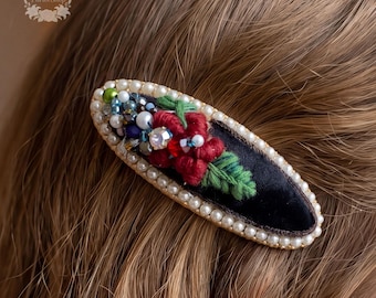 Black Flower Hair Clip, Hand Sewn Fabric Barrette with Crystals and Beads, Embroidered Floral Hair Accessory, Elegant French Barrette