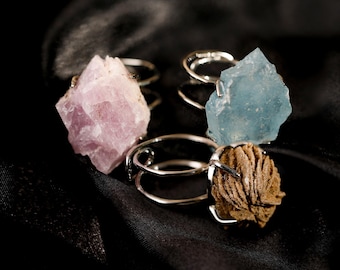 Adjustable Raw Crystal Ring, Natural Gemstone Band, Open Ring, Rose Quartz, Aquamarine, Gift For Women, Birthday Gift, Gift for Her