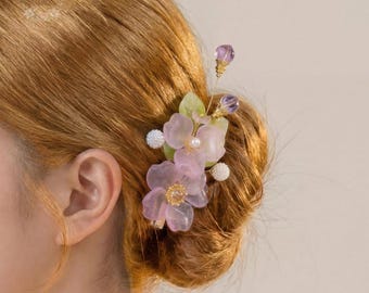 Hårspännen i blommönster, set om 2, handgjorda rosa lila metallhåraccessoarer, present till kvinnor, glasliknande konstharts och metallnålar