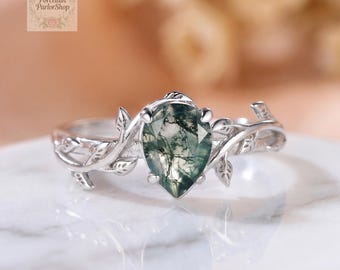 Natural Moss Agate Ring + Box, 925 Silver Engagement Ring Green Leaf & Vine Natural Style, Minimalist Dainty Jewelry, Birthday Gift for Her