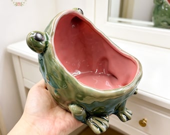 Handmade Ceramic Frog Bowl | Cute Jewelry Holder Trinket Dish Key Catchall Ashtray | Whimsical Vanity Desk Entryway Home Decor Organizer