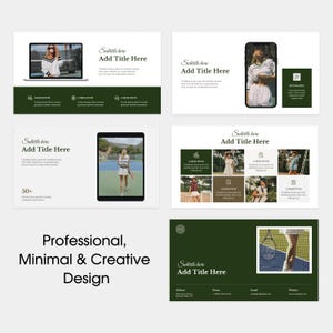 May include: A set of digital presentation slides with a minimalist design. The slides feature images of people, text placeholders, and a dark green and white colour scheme. The text "Professional, Minimal & Creative Design" is displayed.