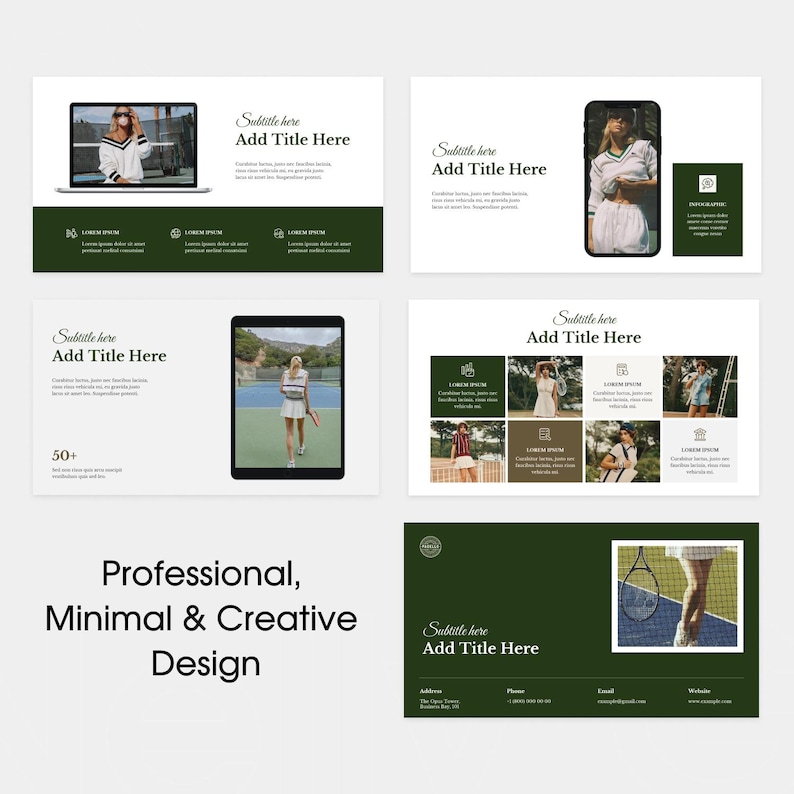 May include: A set of digital presentation slides with a minimalist design. The slides feature images of people, text placeholders, and a dark green and white colour scheme. The text "Professional, Minimal & Creative Design" is displayed.