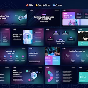 Puede incluir: Una plantilla de presentación digital con un fondo degradado azul oscuro, morado y verde azulado. Las diapositivas presentan texto, gráficos e imágenes relacionados con la tecnología y los negocios. Incluye el texto "Build, launch, and scale with confidence."