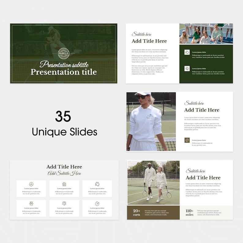 May include: A tennis-themed presentation template with a white and green colour scheme. The design incorporates images of tennis players and the text "Presentation subtitle Presentation title" and "35 Unique Slides". The template includes multiple slides.