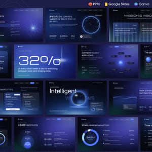 May include: A collection of dark blue digital presentation slides featuring data visualizations, charts, and text about business operations, including metrics like 32%, $48B opportunity, and $4.2M revenue, with icons for PPTX, Google Slides, and Canva.