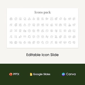 May include: A white background with the text "Icons pack" and "Editable Icon Slide". The image features a collection of small, grey line-art icons. Below are the logos for PPTX, Google Slides, and Canva.