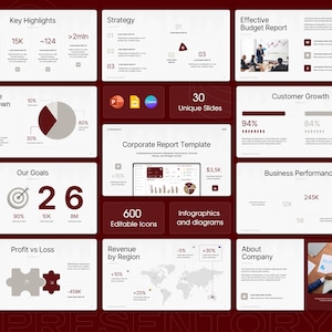 May include: A presentation template with a burgundy and white color scheme. The slides include charts, graphs, and infographics. Text includes "Key Highlights", "Strategy", "Our Goals", and "Corporate Report Template".