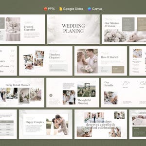 Könnte beinhalten: Eine Präsentationsvorlage zum Thema Hochzeit. Die Folien zeigen Bilder von Paaren, Blumenarrangements und Hochzeitsdetails. Der Text enthält "Wedding Planning", "Trusted Expertise" und "Happy Couples". Die Farbpalette ist weich, mit Grün- und Weißtönen.