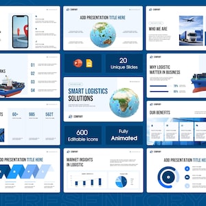 May include: A digital presentation template with a blue and white theme. The slides include graphics of a globe, a cargo ship, and a semi-truck. Text includes "Smart Logistics Solutions", "Market Insights", and "600 Editable Icons".