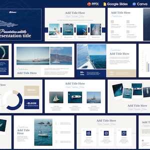 May include: A digital presentation template with a marine theme, featuring a dark blue and white color scheme. The slides include images of boats, sailboats, and ocean views, with text placeholders for titles and subtitles. The presentation is designed for use with PPTX, Google Slides, and Canva.