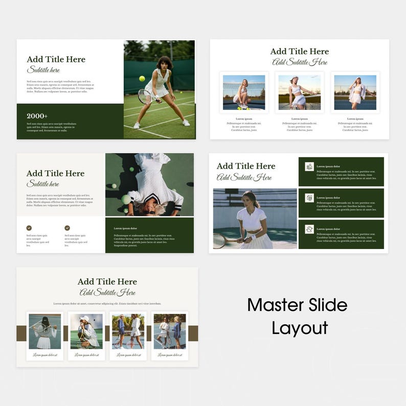 May include: A presentation layout with a tennis theme. The design features images of tennis players, tennis balls, and text boxes with placeholder text. The colour scheme includes white, green, and brown. The text "Master Slide Layout" is displayed.